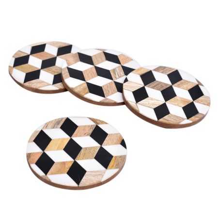 Geometric Round Black Coaster Set of 4
